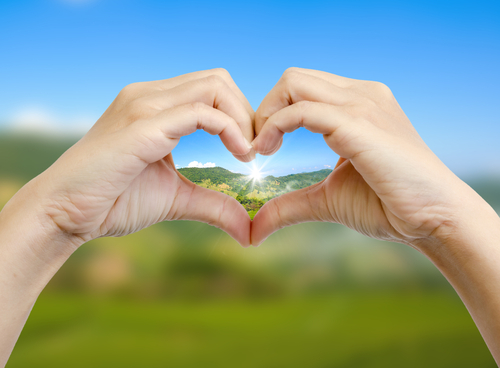Hands forming a heart shape framing environmental landscape